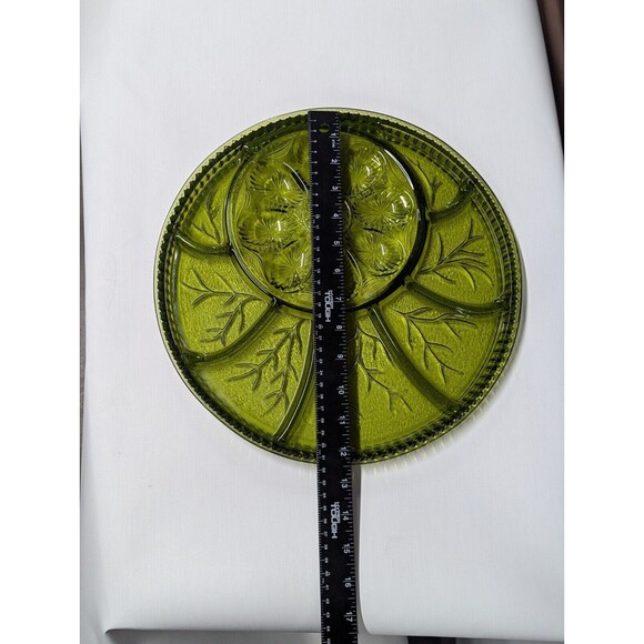 Vintage MCM Indiana Glass Tree of Life Green Deviled Egg & Relish Platter 13” - Picture 8 of 9